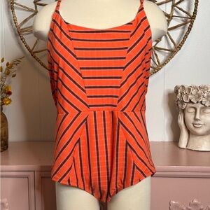 Women’s retro-style Orange and navy‎ Striped Swimsuit 1X. Tried on but not worn